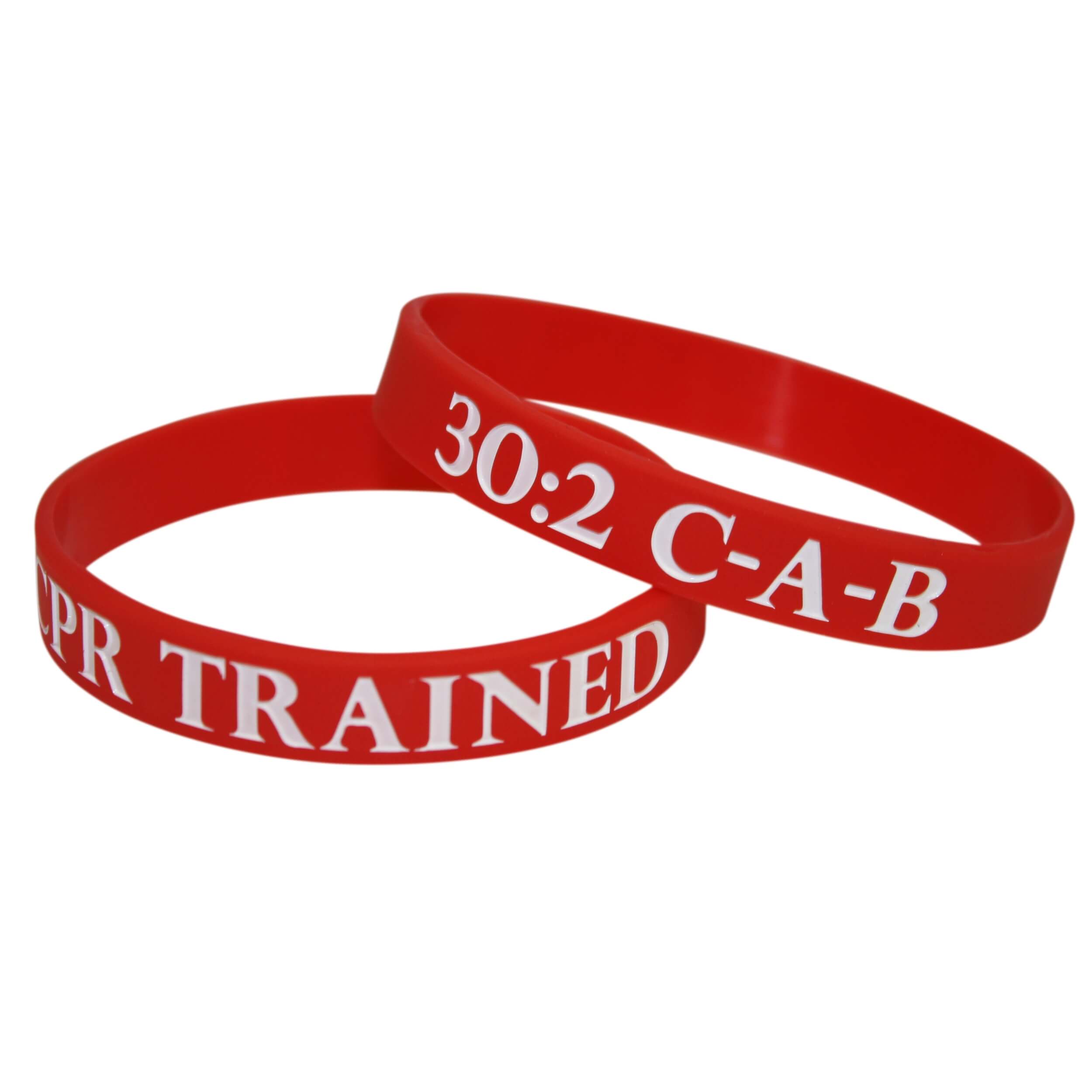 Pack of 50 Silicone Wrist Bands (CPR TRAINED / C-A-B 30:2 & CPR Saves Lives) - Red