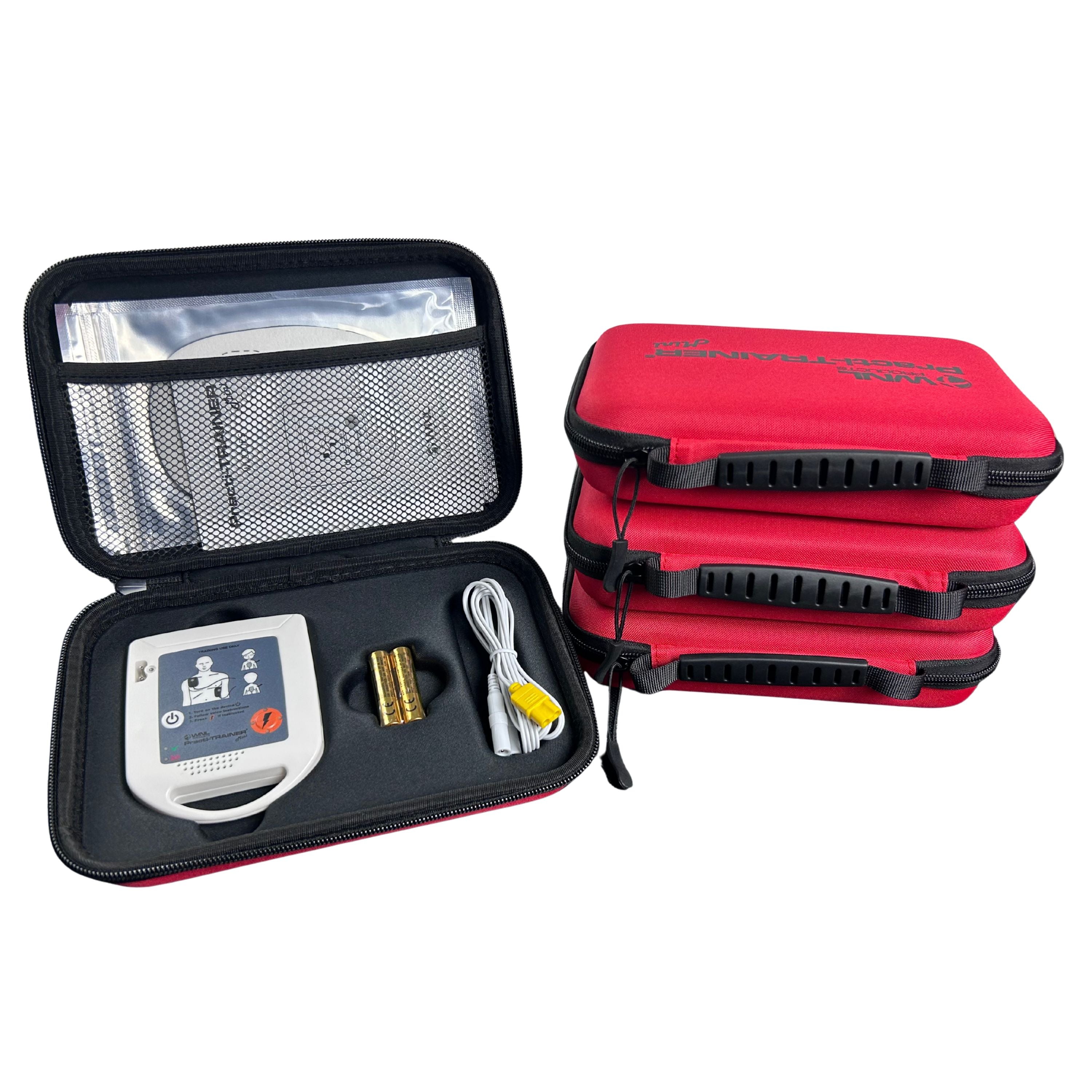 WNL AED trainer-Mini-4 pack 3 closed bags with 1 open showing unit with batteries, cable, training pads, and manual