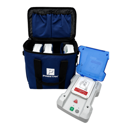 PRESTAN-AED Trainer plus-4 pack blue carry bag with 1 unit out.  
