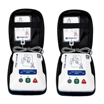 PRESTAN-UltraTrainer-AED trainer with training pads on tray, cable in a blue carry bag 2 pack